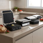 Comparativo das melhores sanduicheiras de 2026 em uma bancada de cozinha moderna.