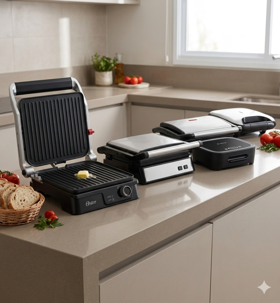 Comparativo das melhores sanduicheiras de 2026 em uma bancada de cozinha moderna.