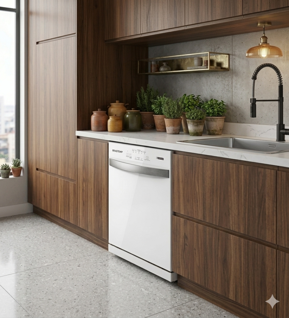 Lava-louças Brastemp 14 serviços instalada em uma cozinha planejada. O eletrodoméstico combina com os armários minimalistas.