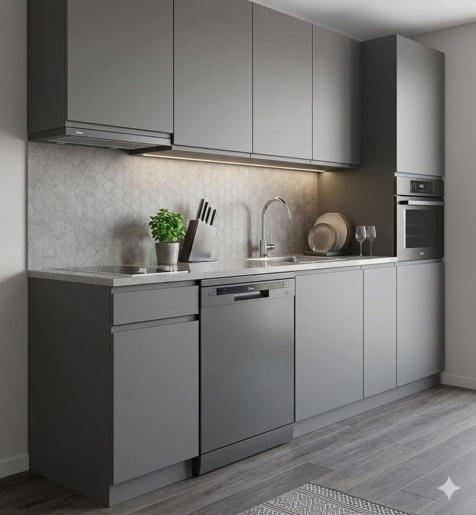 Lava-louças Midea 14 serviços instalada em uma cozinha planejada cinza. O eletrodoméstico combina com os armários minimalistas e o forno embutido ao lado.